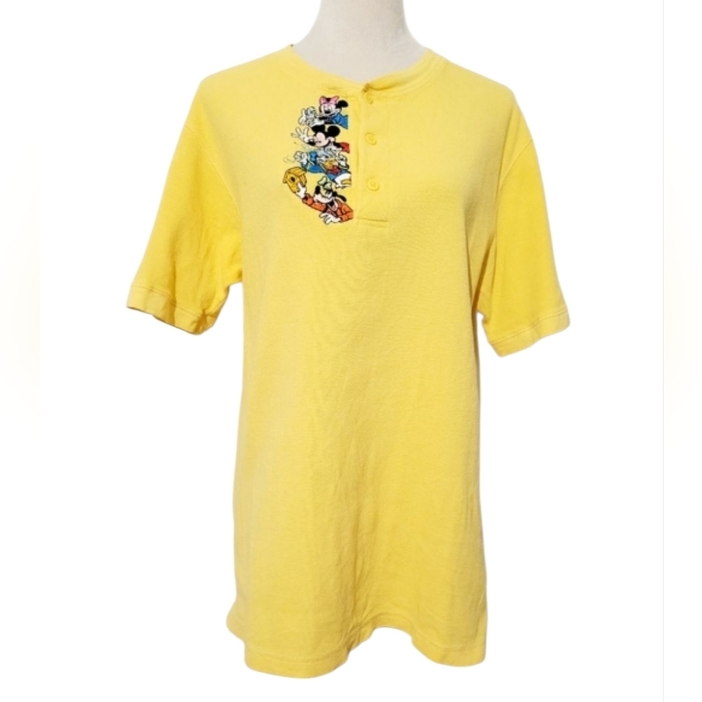 Disney Store Yellow Oversized S Short Sleeve Henley Tee Embroidered 100% Cotton